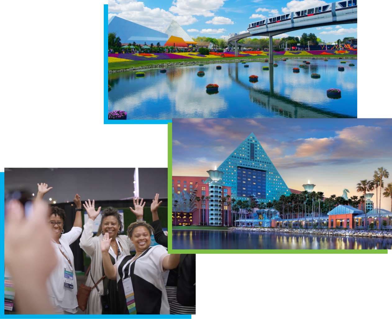 Collage of photos from the Swan & Dolphin resort and past conferences