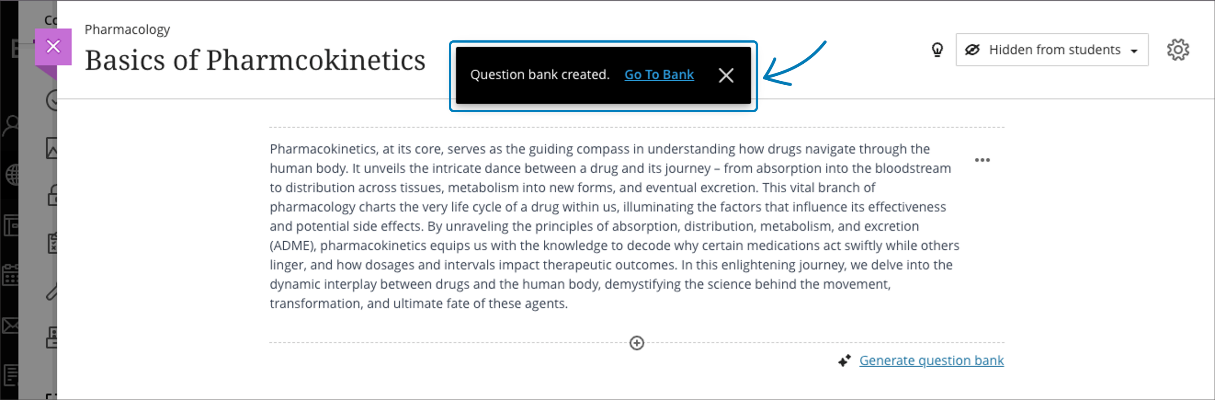 Imagen 3: Confirmar la creación del banco de preguntas con una opción para navegar hasta este.