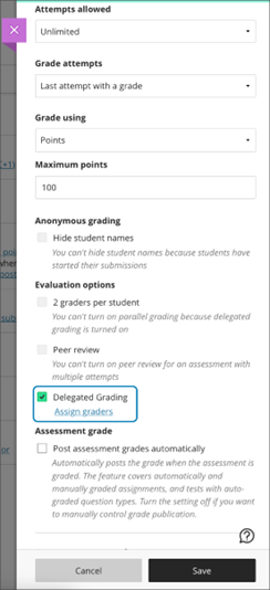 Instructor view of the assessment Settings panel with the Delegated Grading option enabled