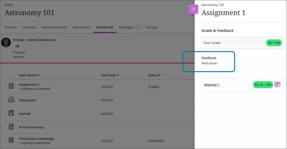Student’s gradebook with the Grade & Feedback panel displaying the overall submission feedback for Assignment 1; the student can also select the feedback icon on Attempt 1 to review feedback specific to that attempt