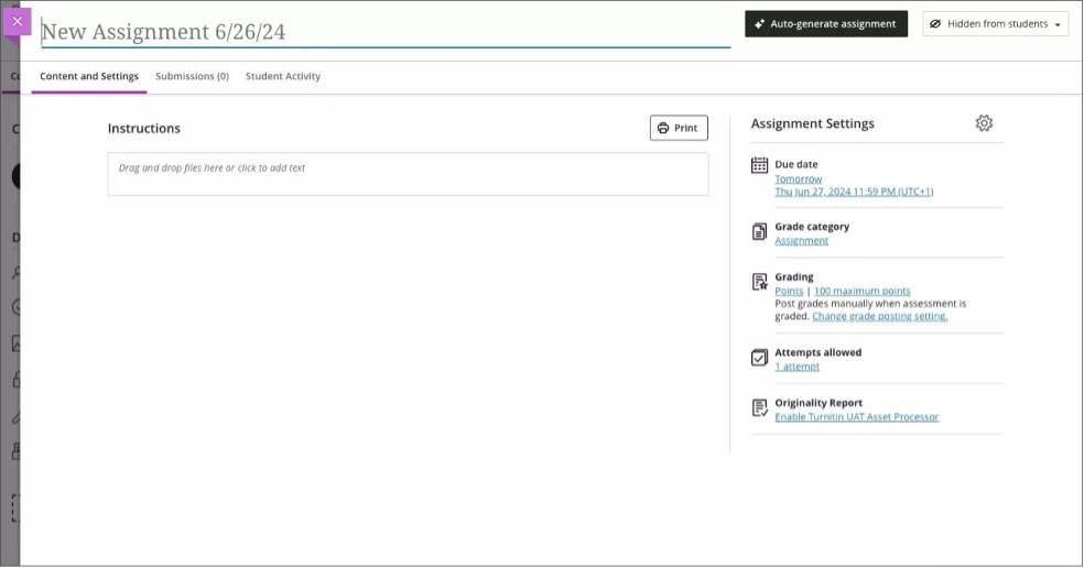 Instructor view of the New Assignment page with the new Instructions box