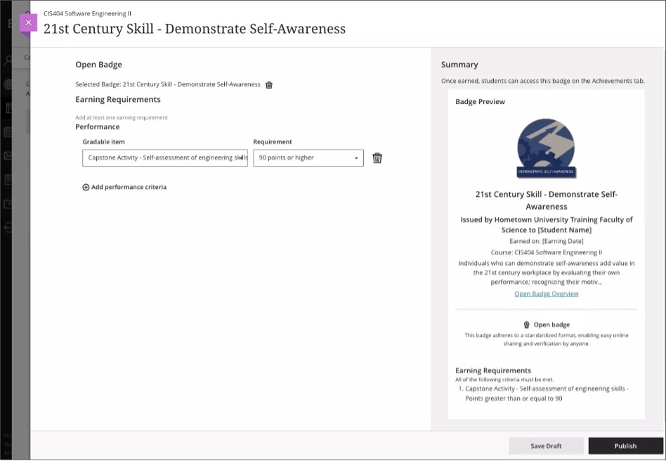 Image 3. Instructor view of Earning Requirements where you can set the performance criteria
	required to earn the Open Badge and preview how the badge appears for students