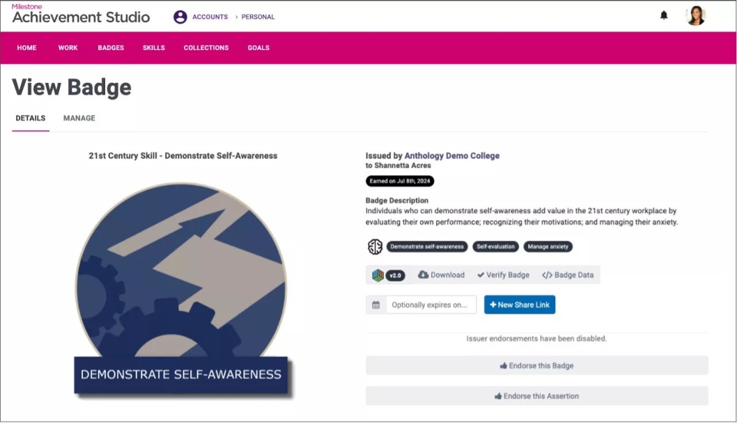 Image 4. Student view of an Open Badge in Achievement Studio