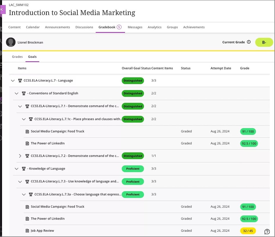 Image 4. Student view of details of mastery on the Goals tab