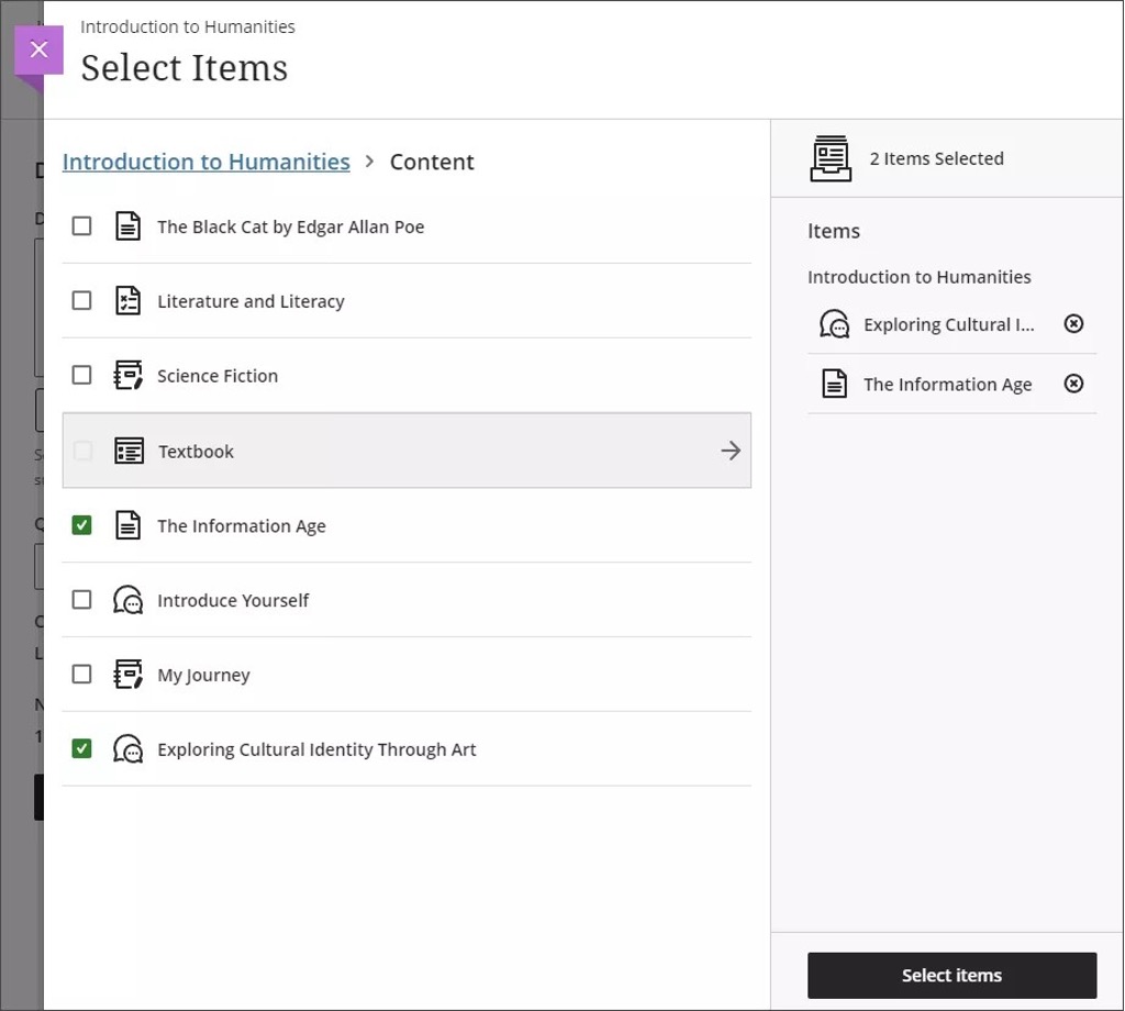 Image 2. The context picker for creating new questions