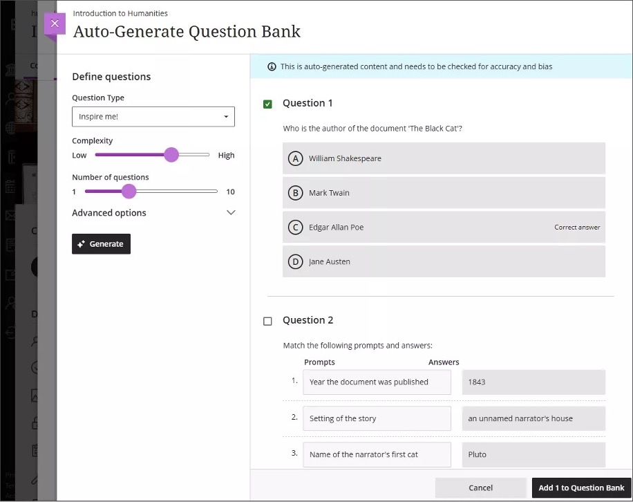 Image 3. The Auto-Generate Question Bank page