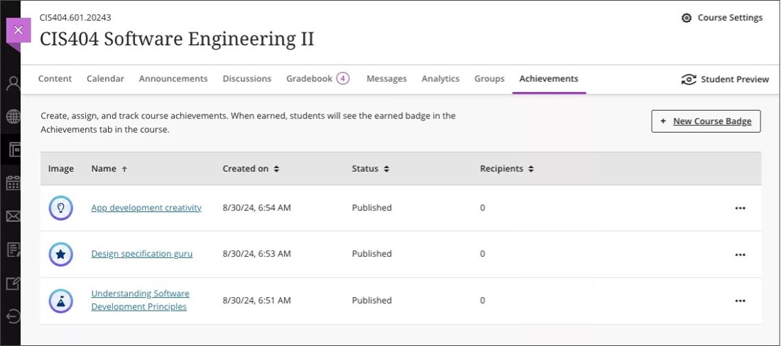 Image 1. Instructor view of the Achievements tab with saved course badges and the New Course Badge
	button