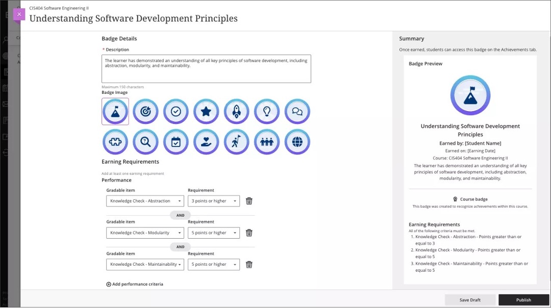 Image 2. Instructor view of the new course badge screen where you can set the title, description,
	badge image, and earning requirements