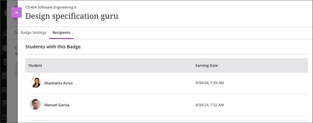 Image 3. Instructor view of the Recipients tab displays course badge earners