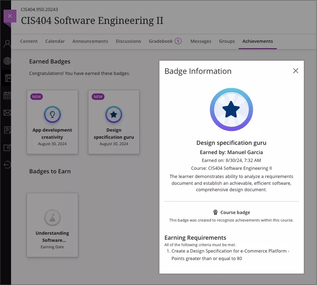 Image 4. Student view of the Achievements tab with details of earned and unearned course badges