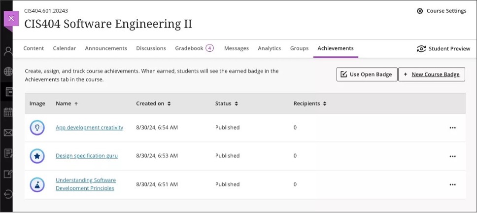 Image 1. Instructor view of the Achievements tab with Milestone integration enabled; the Use Open
	Badge button appears on the tab