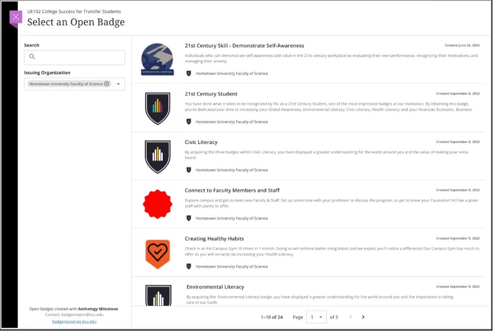 Image 2. Instructor view of the Select an Open Badge screen; it displays a list of Open Badges
	from Milestone