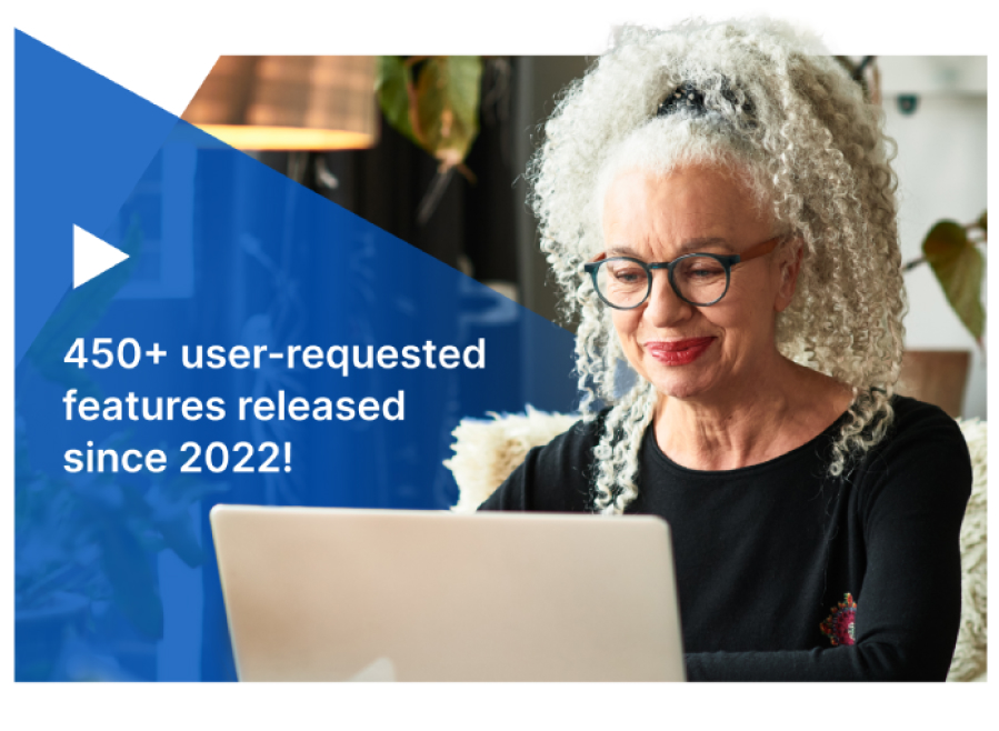 Photo of a woman working at a laptop with the text 450+ user-requested features released since 2022!