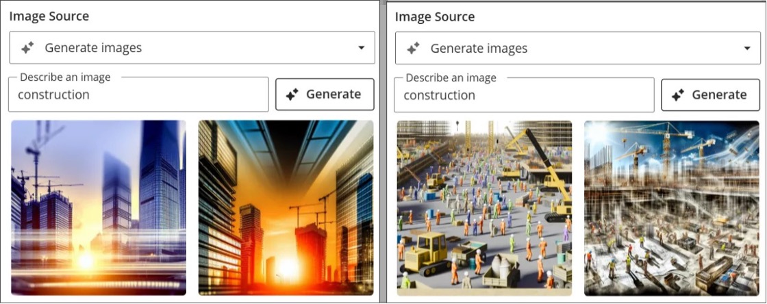 Image 1. The two images on the left were generated by the AI Design Assistant with the 3900.106 release. The prompt used is “construction.” These
	images are related to tall buildings in cities. The two images on the right were generated by the AI Design Assistant with the 3900.108 release. The
	prompt used is also “construction.” The images are more realistic and related to the prompt in 3900.108 than in 3900.106.