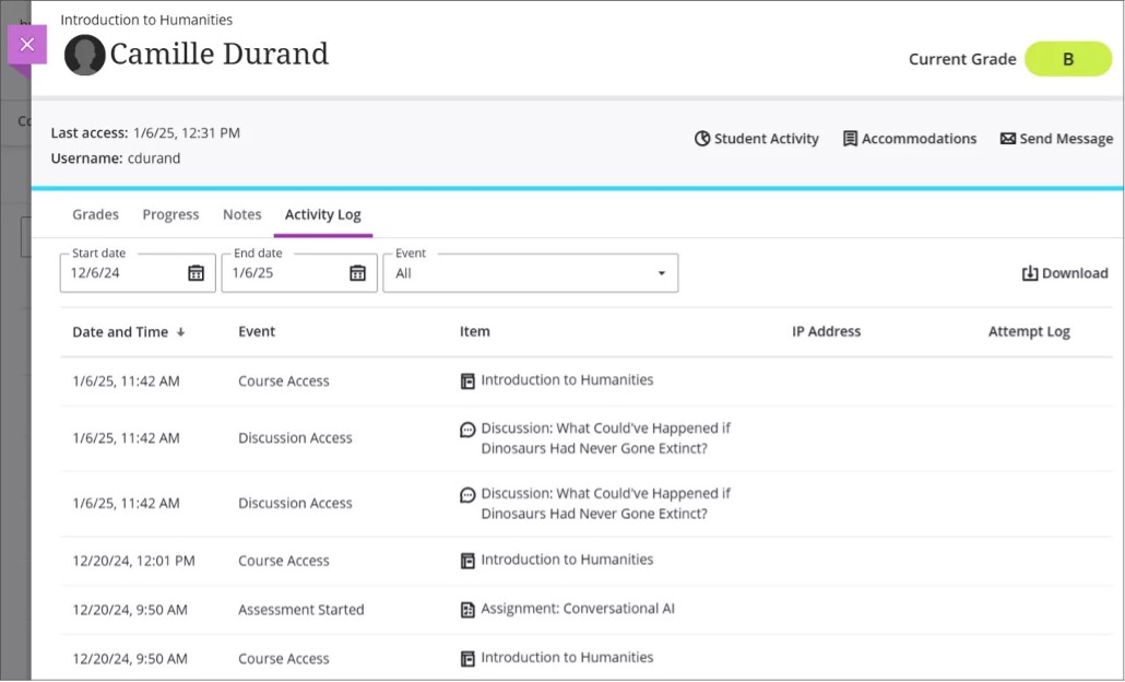 Image 1. The new IP address column that is included in the student activity log.