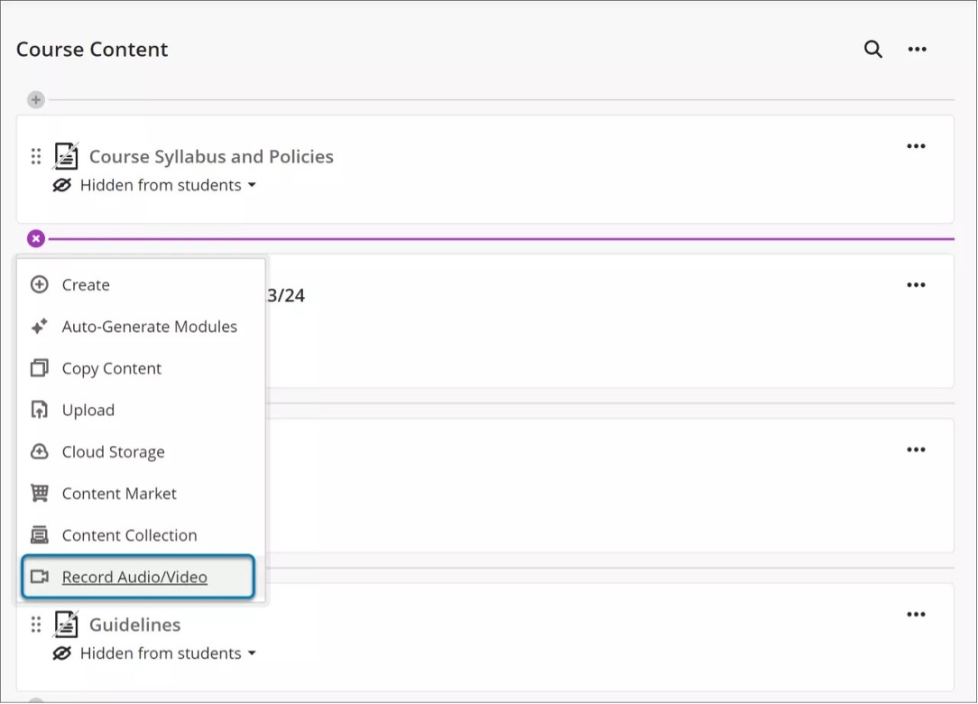 Image 1: Record Audio/Video now appears among menu options when adding content to the Course Content page.