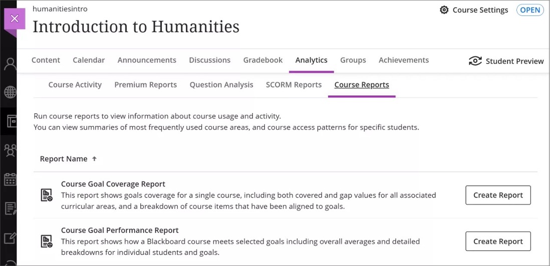 Image 1. The new Goal Reports are located in the Course Reports tab of the Analytics page.