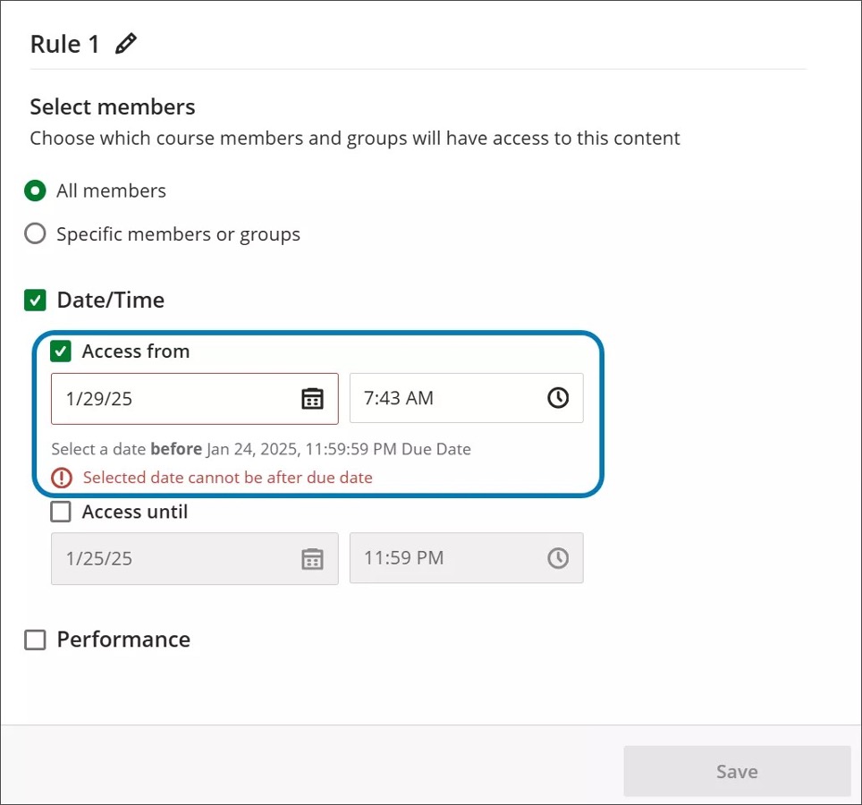 Image 1. The due date of a content item now displays after the date and time fields.