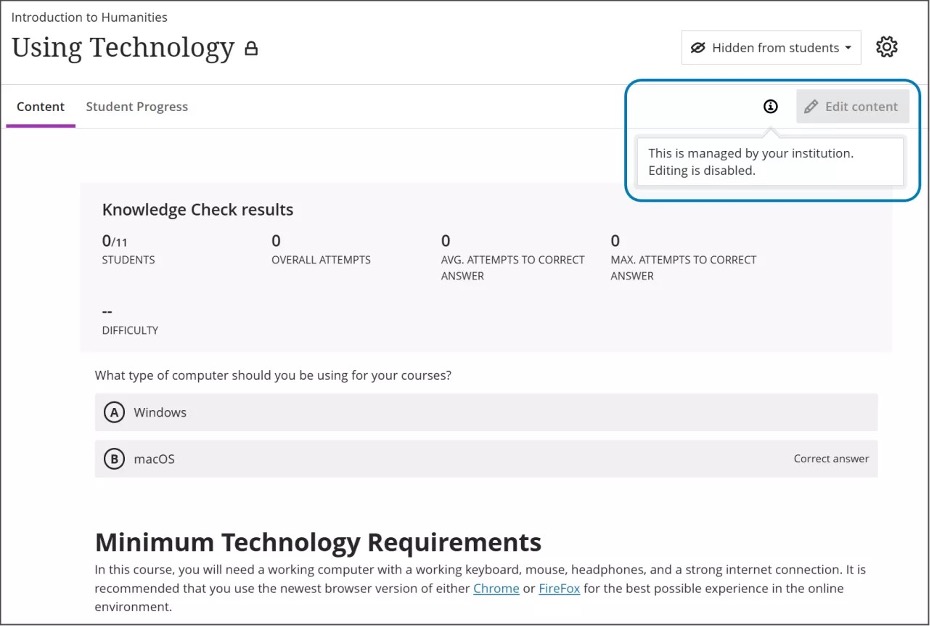 Image 2. Instructors hover over the Information button to be informed that a Document is managed by their institution, and they have no editing privileges. 