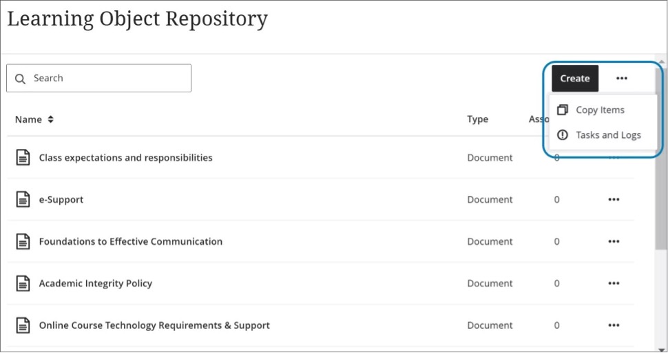 Image 1. The option to copy items is in the “More options” menu of the Learning Object Repository. 