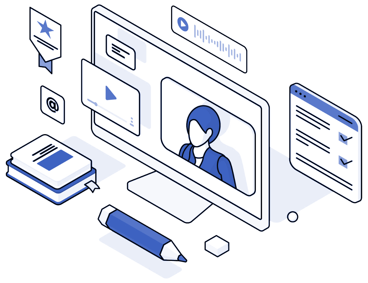 Illustration of a desk with a computer, pencil, notebook, and representation of someone learning at an online academy