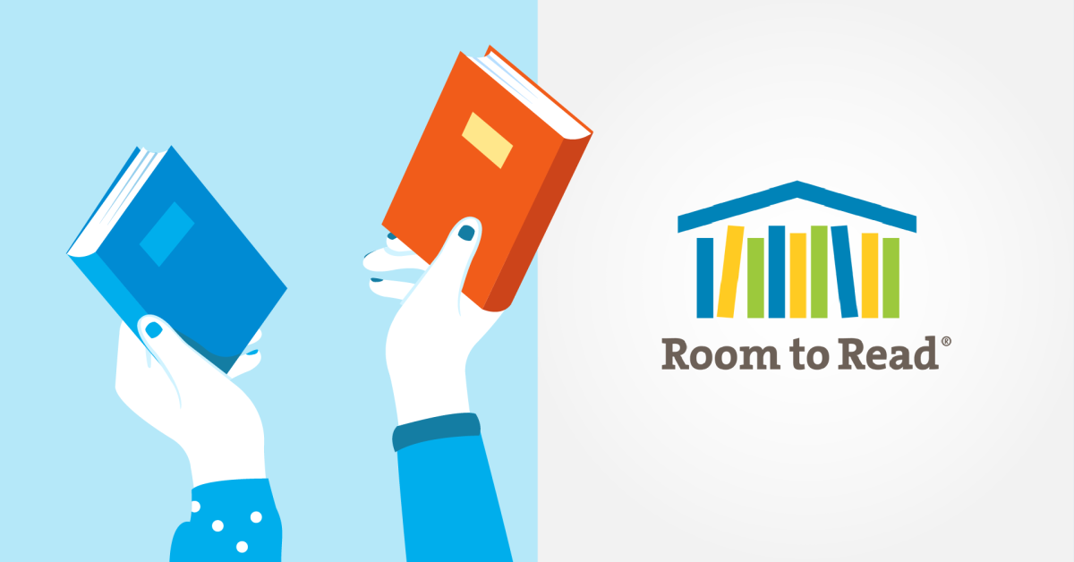Illustration of hands holding books next to the Room to Read logo