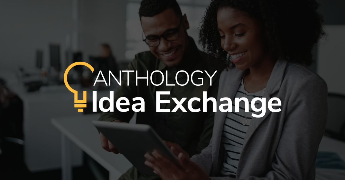 Photo of two people looking at a tablet with the Anthology Idea Exchange logo overlayed