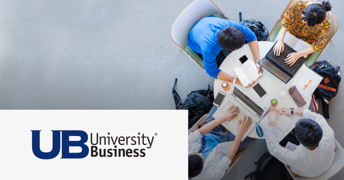 University Business logo + image of students around a table with their laptops
