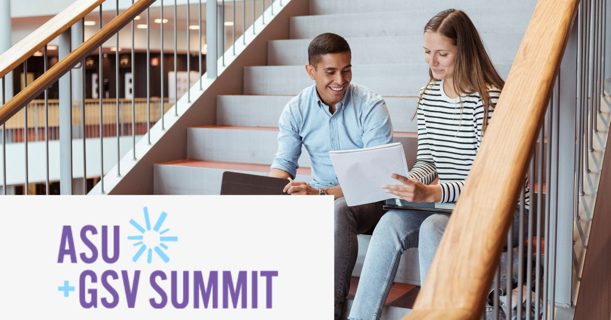 Image of two students sat on a college's stairs. The ASU GSV Summit logo is placed on the left lower corner of the graphic.