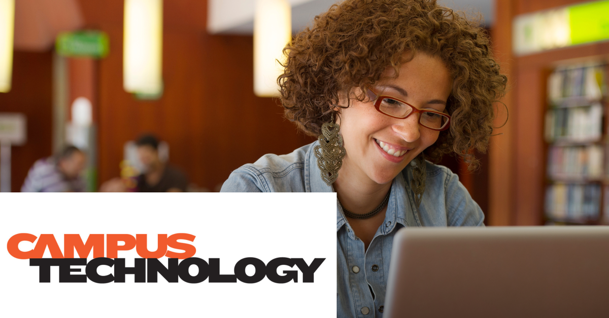 Image of a woman looking at a laptop. The Campus Technology logo placed on the left lower corner of the graphic. 