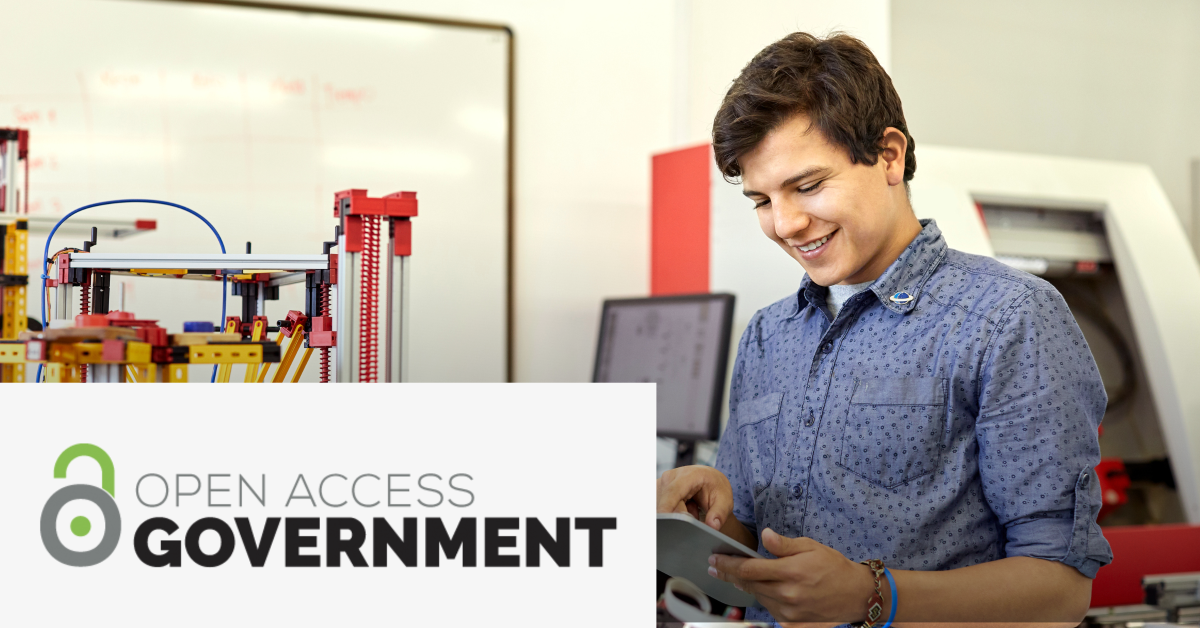 Image of a student using an electronic device with the Open Access Government logo placed on the left lower corner. 