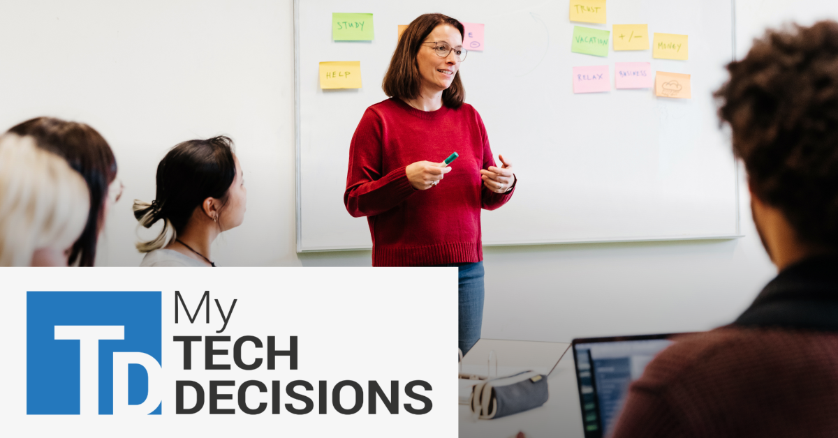 Image of some students and a teacher in a classroom, with the My Tech Decisions logo placed on the left lower corner. 