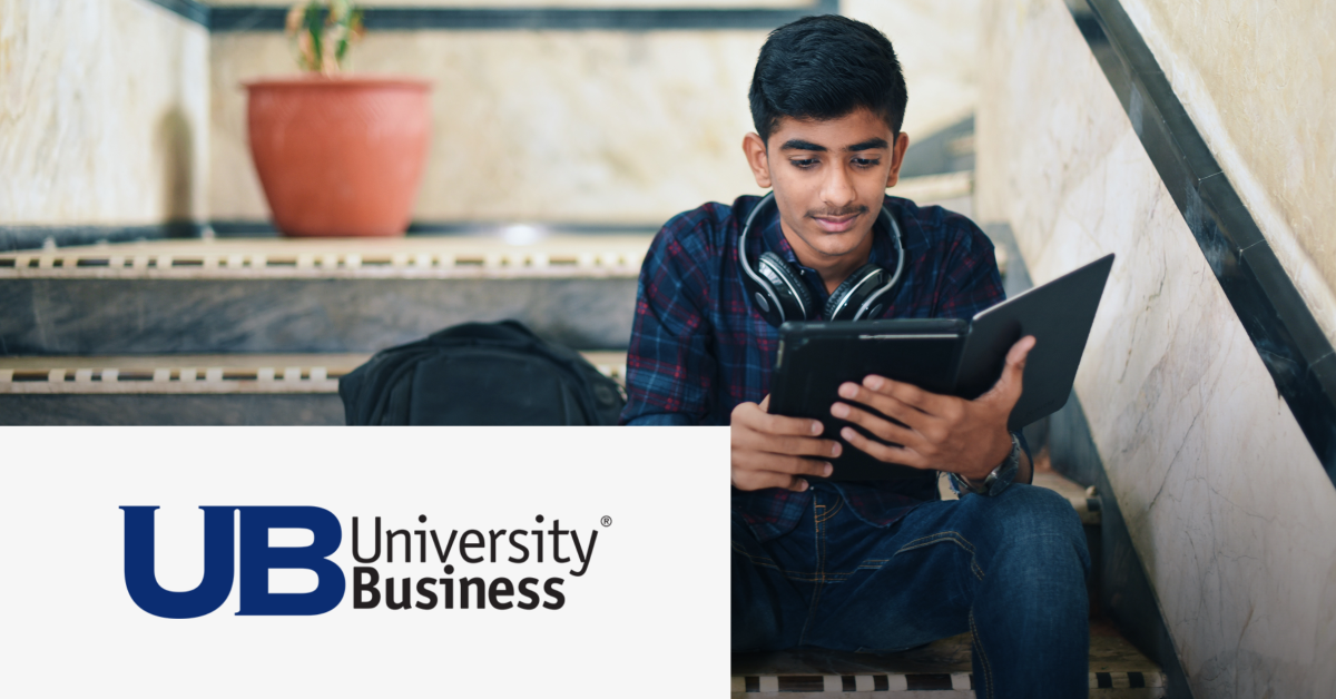 Image of a student that checking an electronic tablet device. On the lower left corner is placed the University Business logo