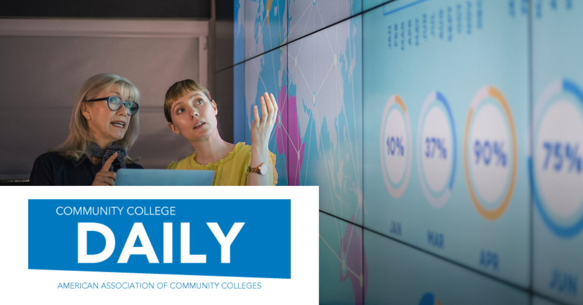 Image of two women looking at some screens with graphics and data. On the lower left corner of the image is placed the Community Colleges Daily logo
