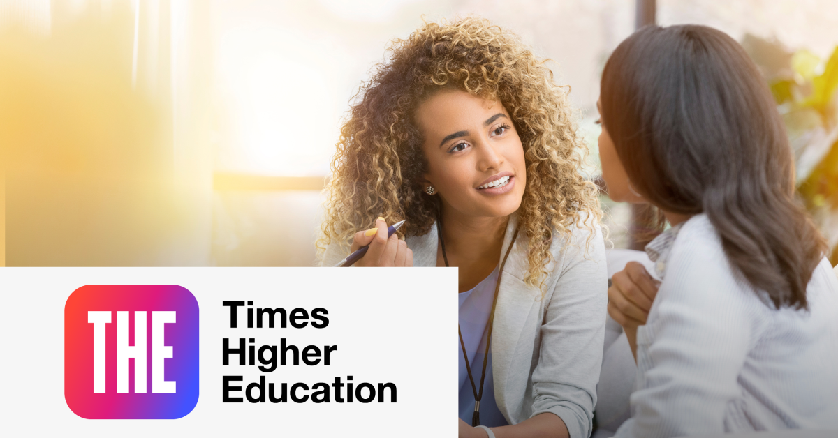 Image of a student and a teacher talking to each other. On the lower left corner of the graphic is placed the Times Higher Education logo. 