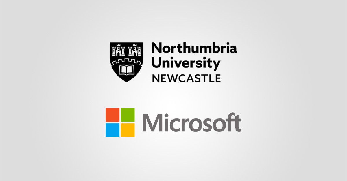 Northumbria University Newcastle logo locked up with the Microsoft logo over a gray background