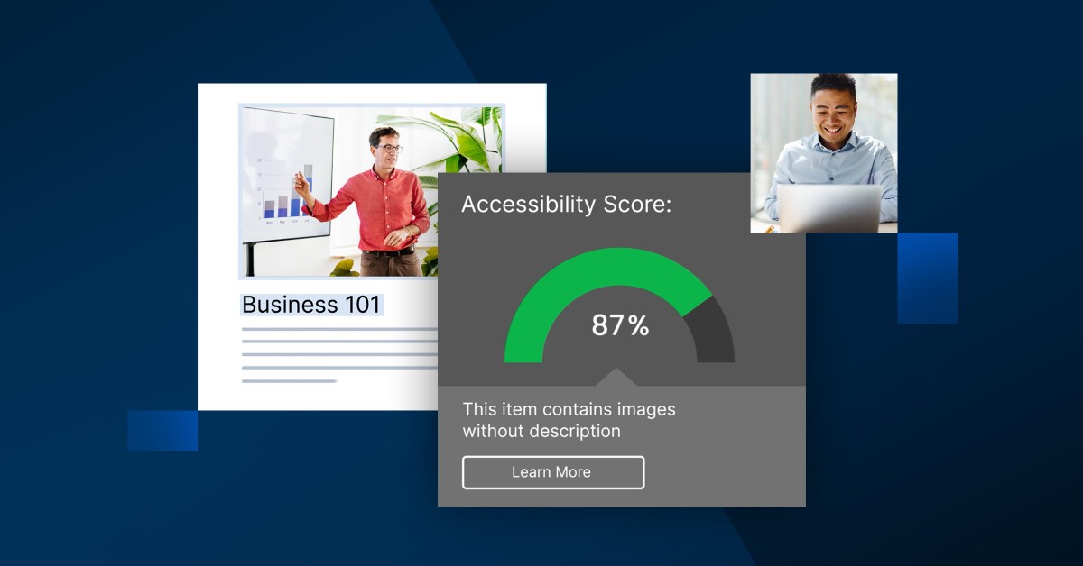 A composite of three photos over a blue pattern background, the image at the forefront shows an accessibility score widget within Ally, with an image at the top right of a person at a computer, and a screenshot on the left of a course being tested for accessibility