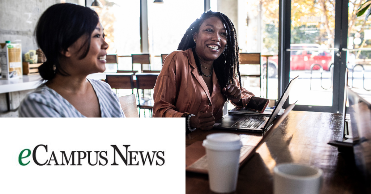 Ecampus logo on the left bottom. Image of 2 women smiling on the right.