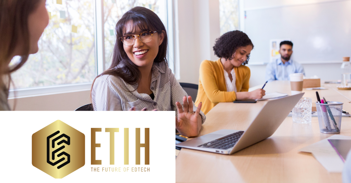 The future of edtech logo on the left. Image of people smiling and discussing over a laptop