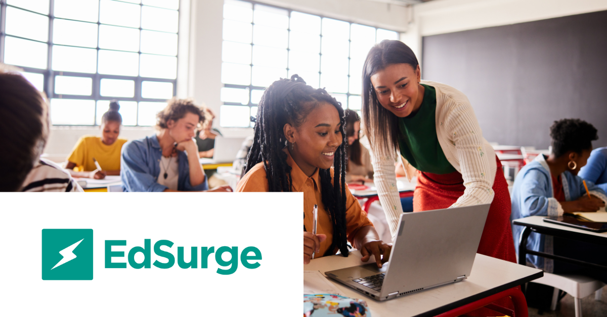 EdSurge logo on the bottom left. Image of student and teacher on the right.