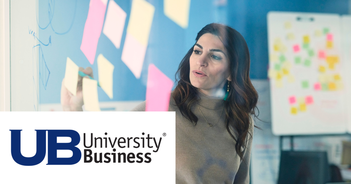 A woman placing sticky notes on a blue wall, with a logo reading "UB University Business."