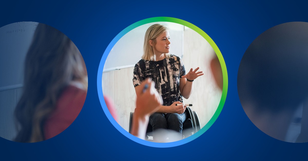 Three circles over a photo of a woman presenting from a wheelchair