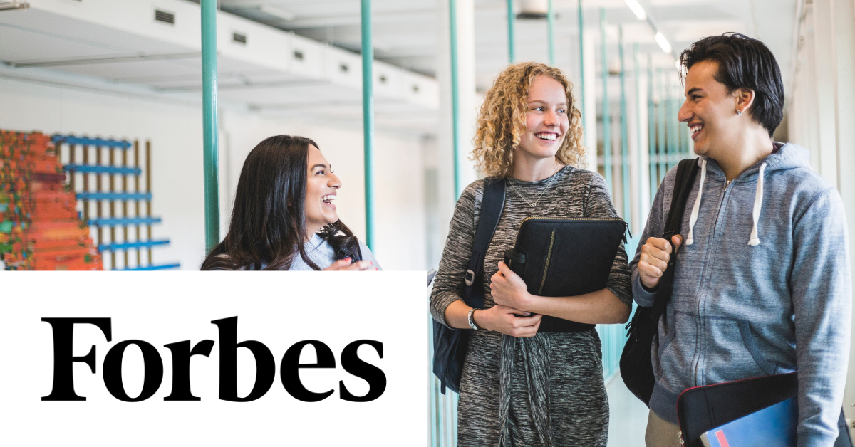 Three young adults talking and smiling indoors, with the word "Forbes" at the bottom.