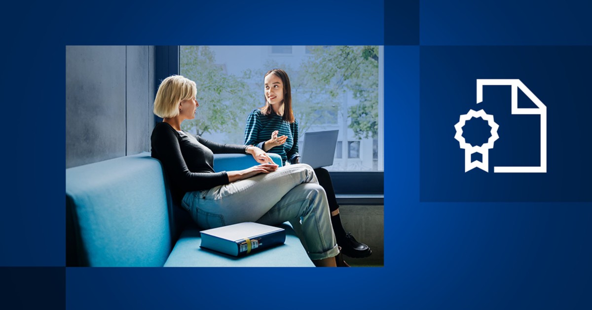 Photo of two women talking on a couch while one holds a laptop next to an illustration of a badge