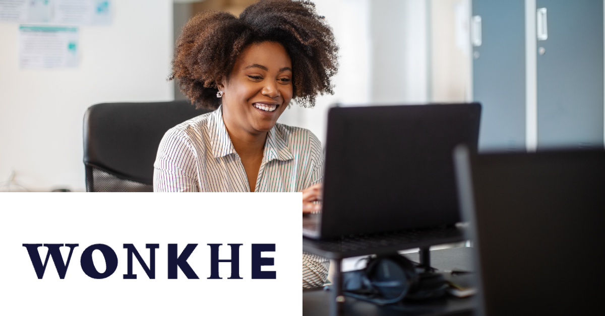 Woman working on a laptop on the right, Wonkhe logos on the left