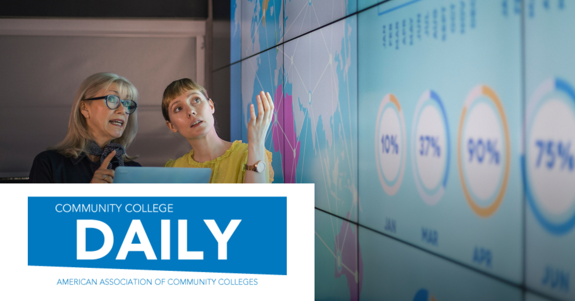 Image of two women looking at some screens with graphics and data. On the lower left corner of the image is placed the Community Colleges Daily logo