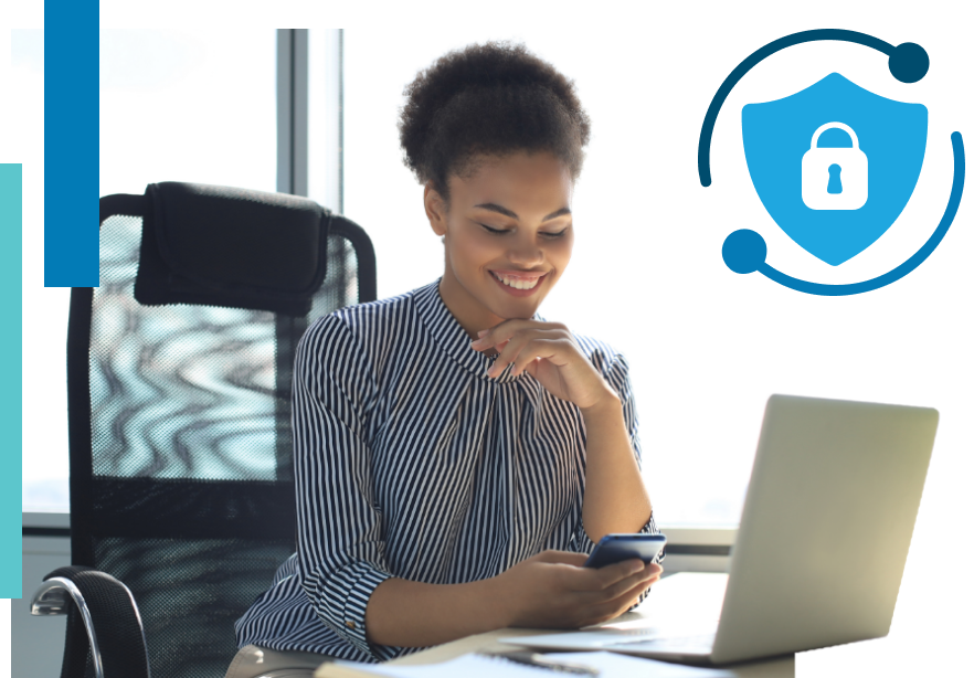 Photo of a woman working at a laptop with security related illustrations