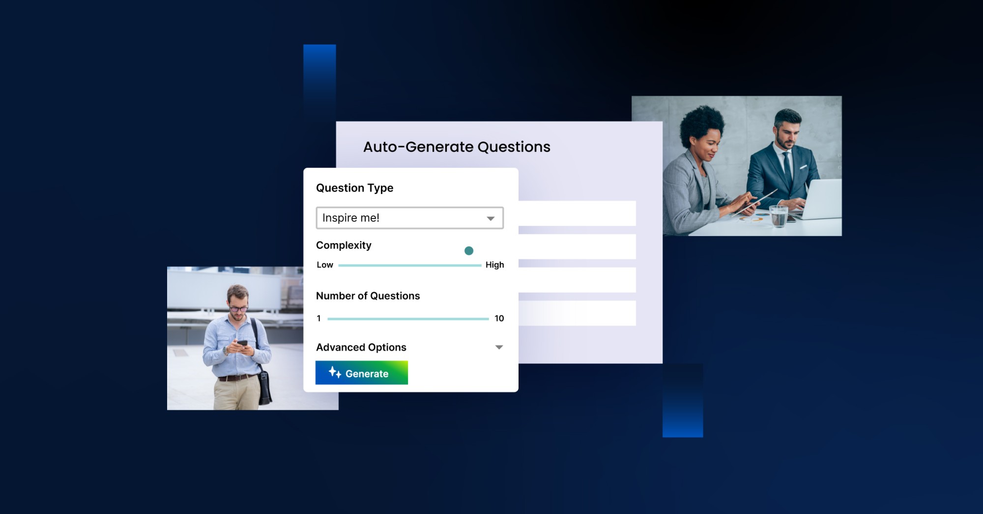 Composite of three images over a blue background, the bottom left image is of a person looking at their phone, the top right image is of two people working together at a laptop, and the focal image is a representation of the AI Design Assistant in Blackboard