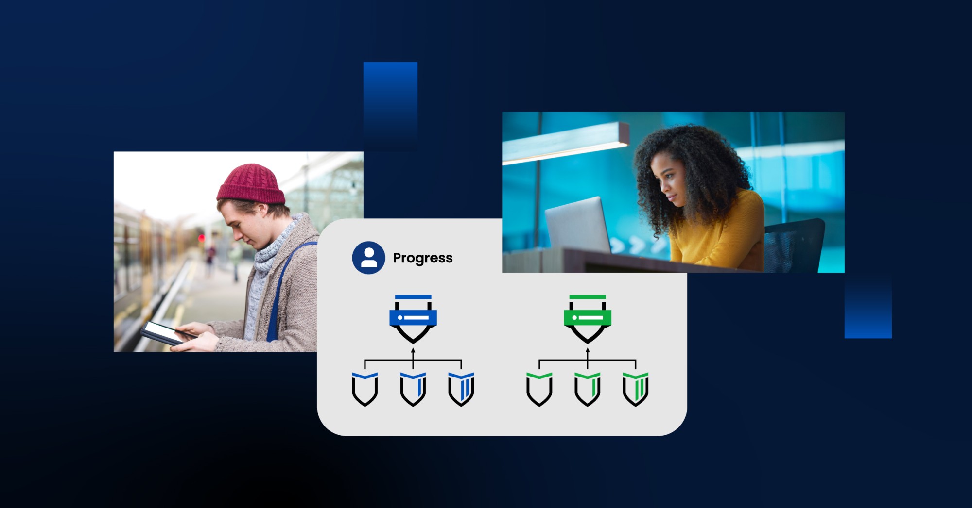 Composite of three images over the top of a blue background, the left image shows a learner on their phone, the right image show a learner at their laptop, and the middle image shows the digital badges that can be earned through Anthology Milestone