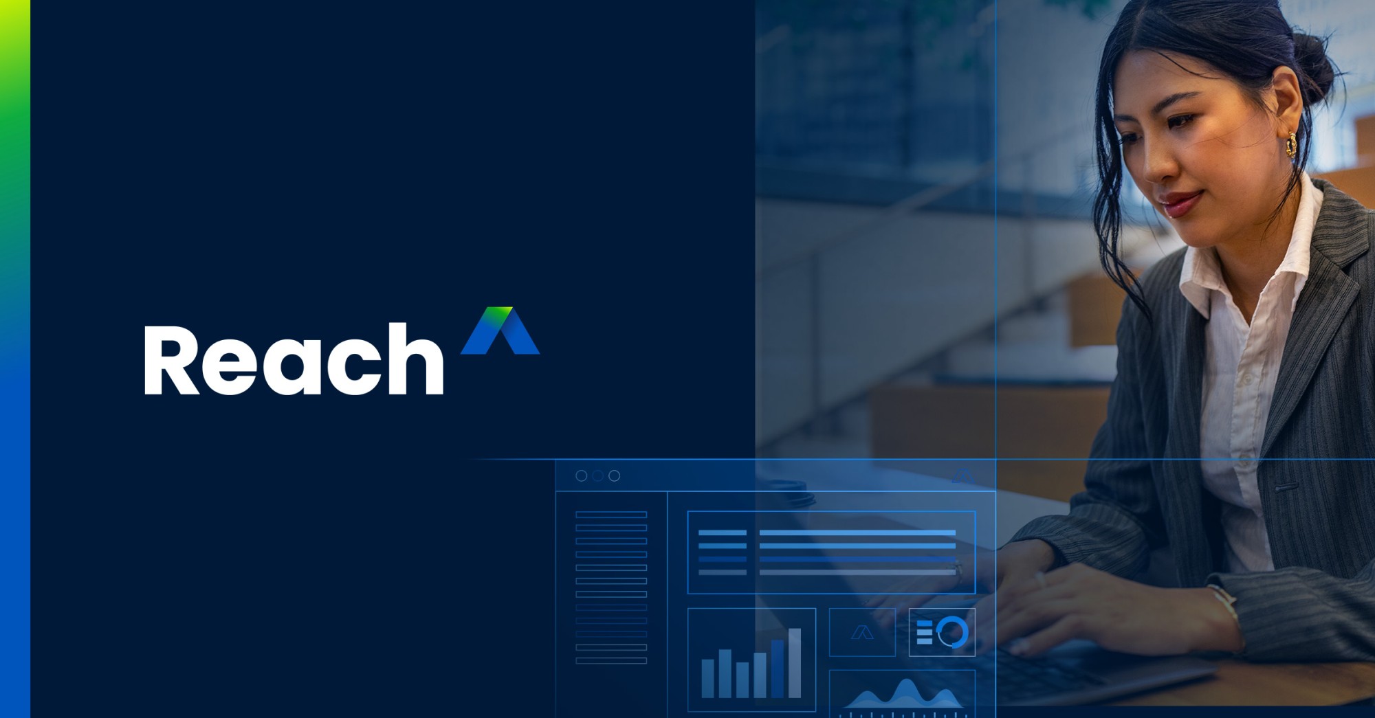 Anthology Reach logo over a dark blue background next to an image of a woman working at a laptop with a high tech illustration overlayed